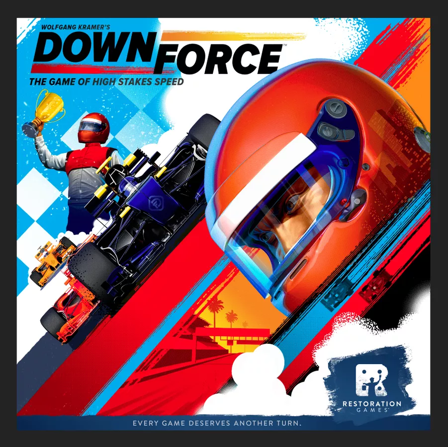Downforce's box art and cover by Restoration Games.