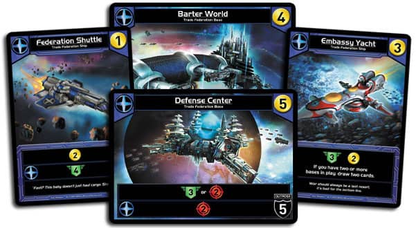 Cards and bases, part of Star Realms, a deckbuilding board game.