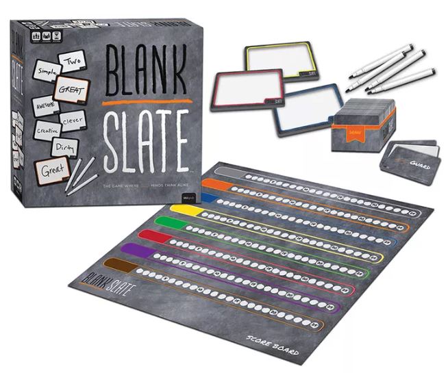 Blank Slate board game box and components.