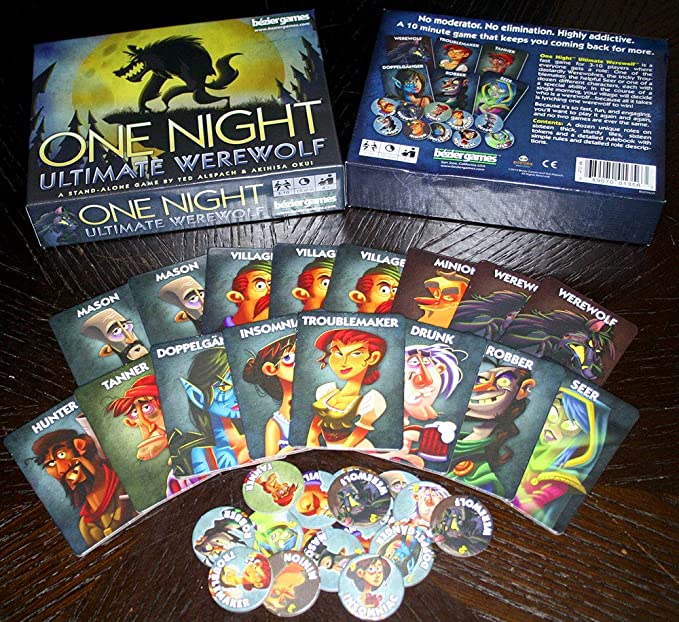 The One Nifght Ultimate Werewolf game bo and components.