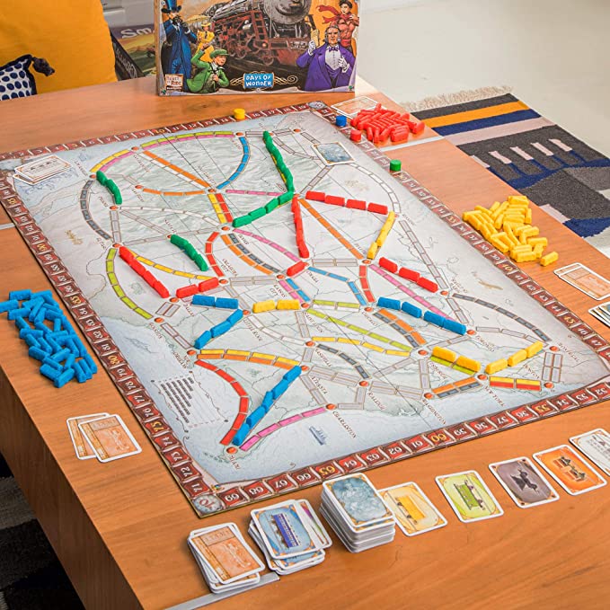 The Ticket to Ride game, board and components.