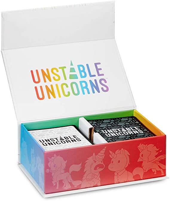 Unstable Unicorns' board game box and cards.
