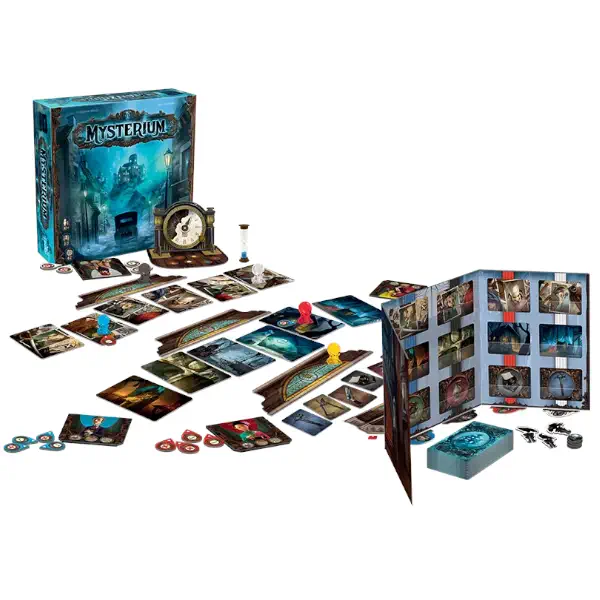 Mysterium's board game box and components.