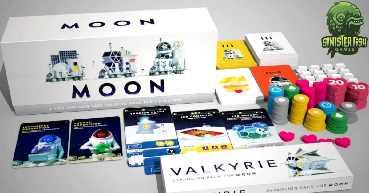 Sinister Fish Games' boxes for Moon and Valkyrie Expansion board games.