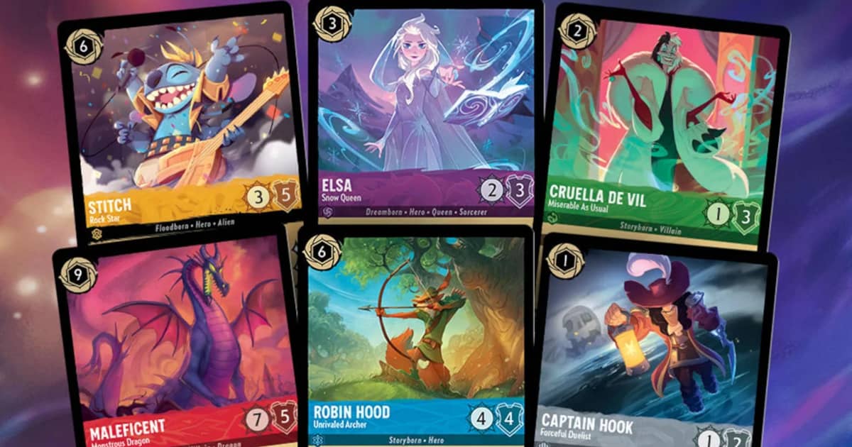 A number of cards for the upcoming DIsney Lorcana TCG game.