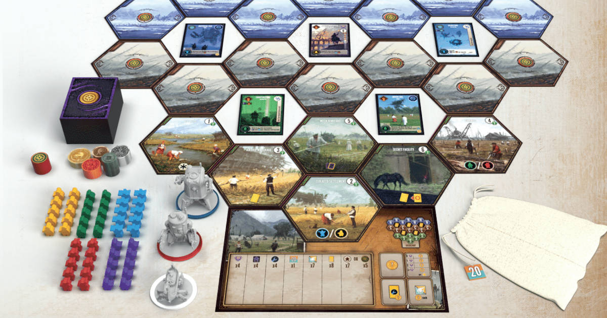 Expeditions' game components, a game based on the Scythe universe.