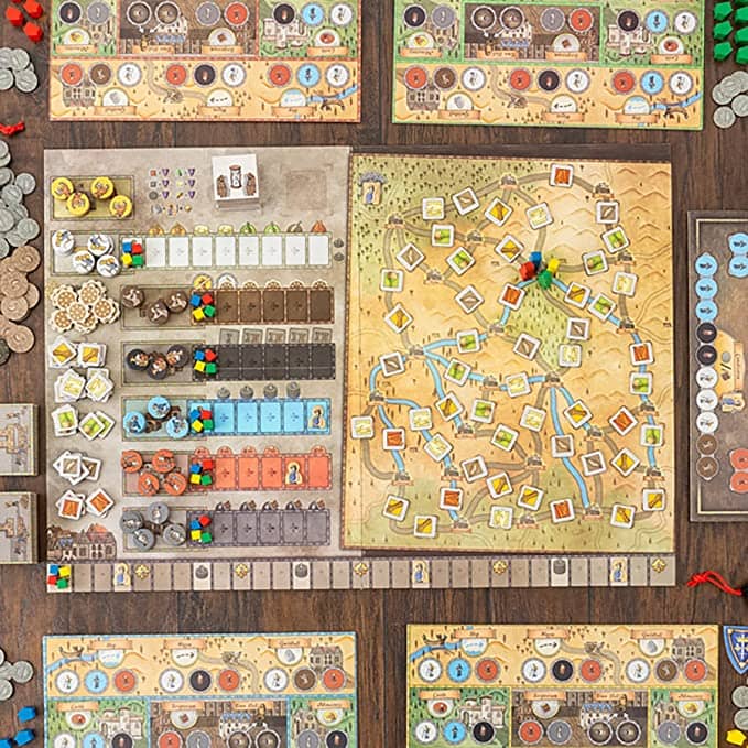 The setup of a game of Orléans board game.