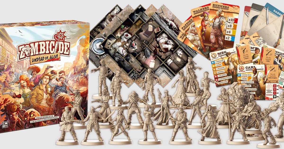 The components and game box of Zombicide Undead or Alive.