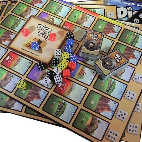 AEG's Dice City game boards and components.