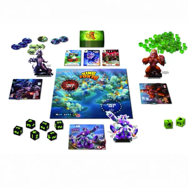 King of Tokyo's board game, components, monsters, cubes, and mat.