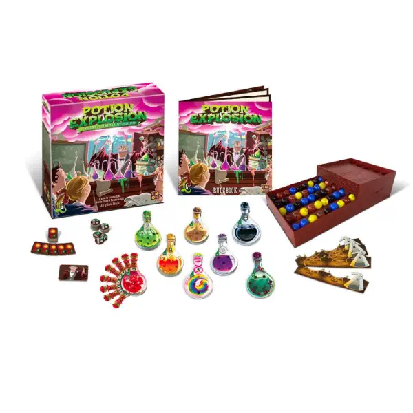 Potion Explosion's game components and board game box.