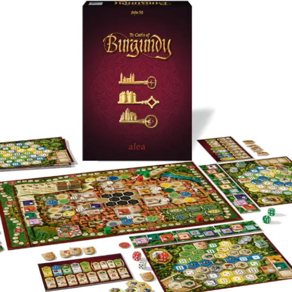 The Castles of Burgundy game box, art, and components.