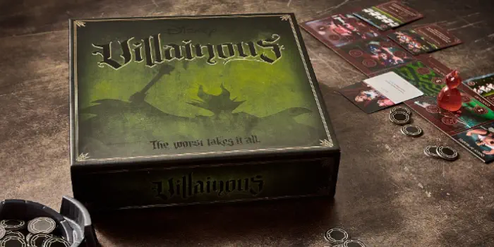 The game box and game components for Disney Villainous board game.