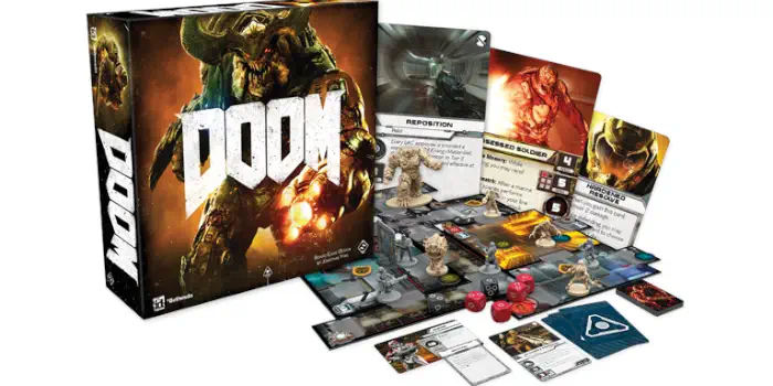 Doom: The Board Game 2E components and miniatures.