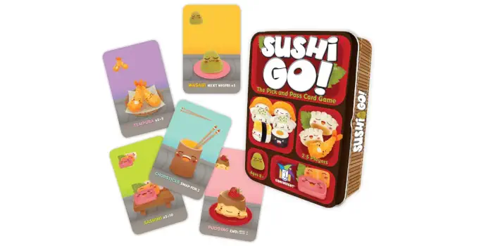 Sushi Go's box and possible card choices for what is one of the best board games for kids.