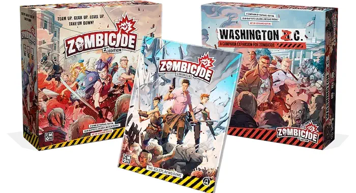 Zombicide's Second Edition Kickstarter games and boxes.