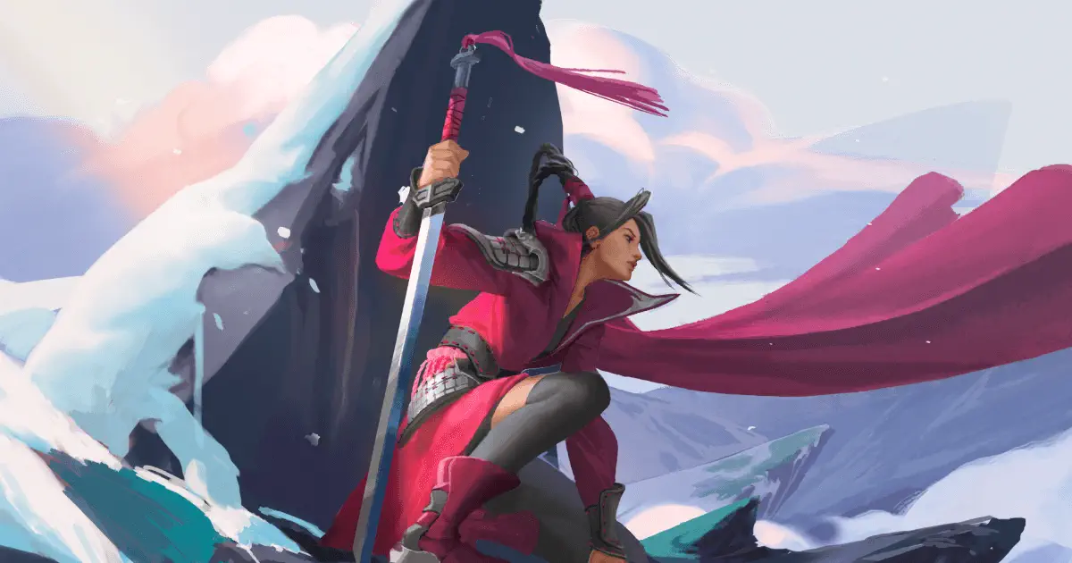 Altered TCG concept art representing a samurai character in snowy mountains.