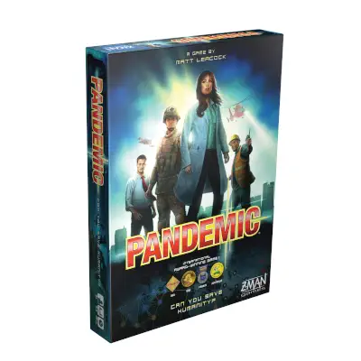 One of the most popular board games of all time, Pandemic's game box.